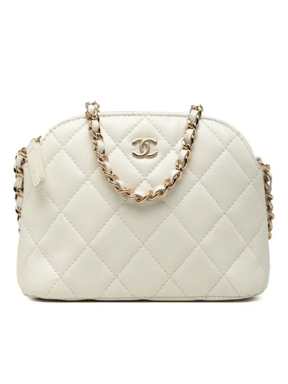 Chanel CC Logo Quilted Crossbody Chain Shoulder Bag White Gold Caviar Leather